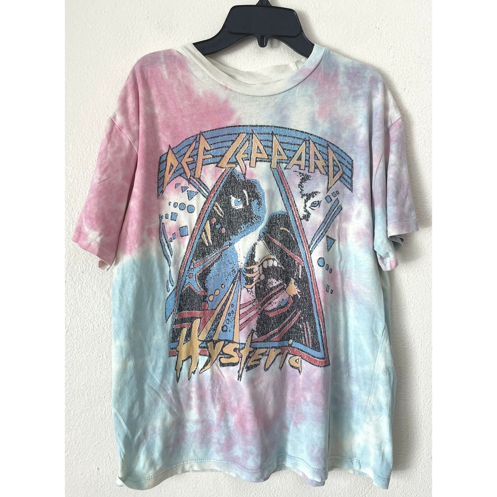 DEF‎ LEPPARD Hysteria Graphic Tee Pink Blue Tie Dye Washed Faded T Shirt Size S